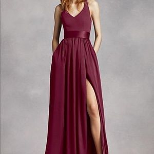 Vera Wang Wine V Neck Halter Gown with Sash